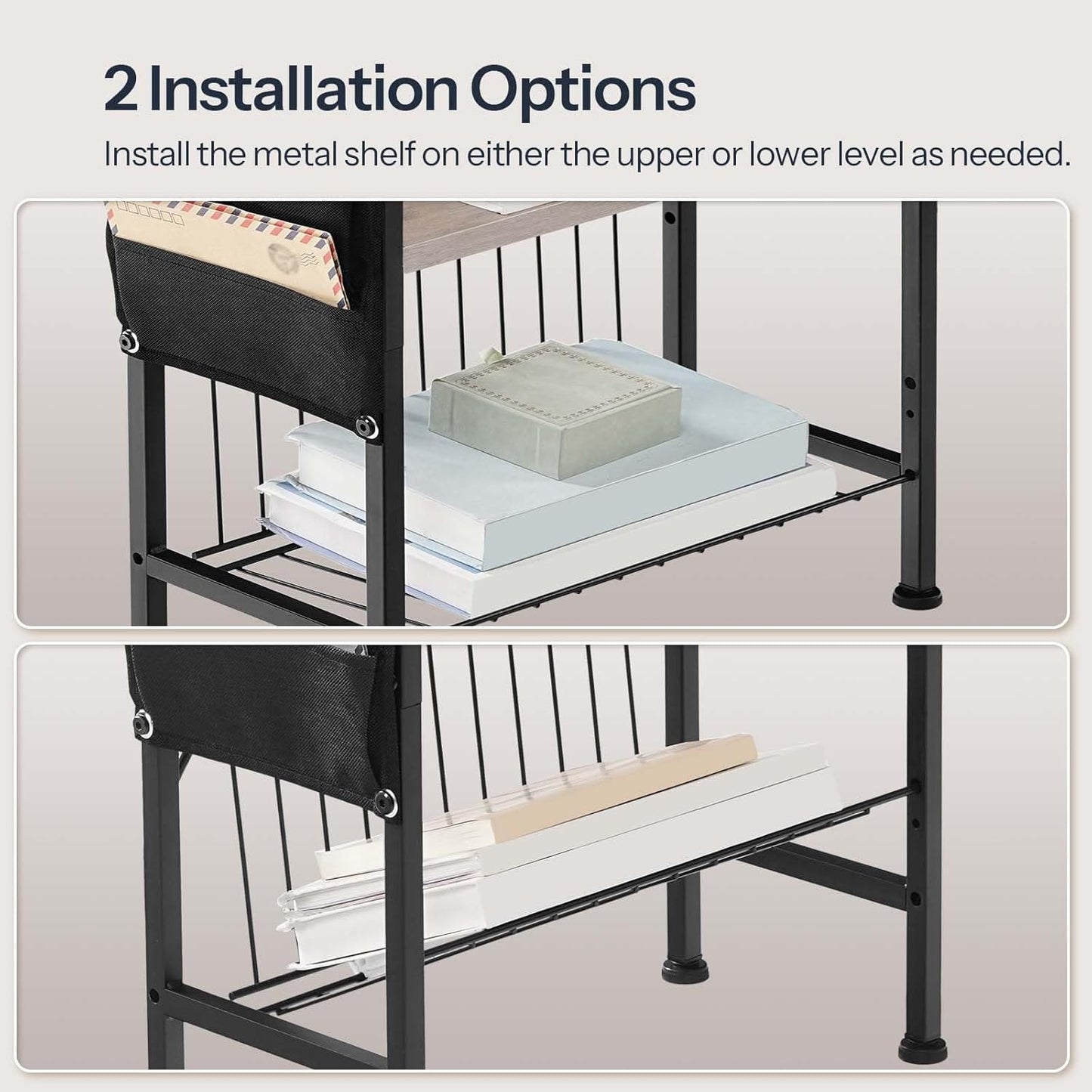 3-Tier BG412UBZ01 HOOBRO End Table with Charging Station, Small Side Table with Magazine Holder, Nightstand Bedside