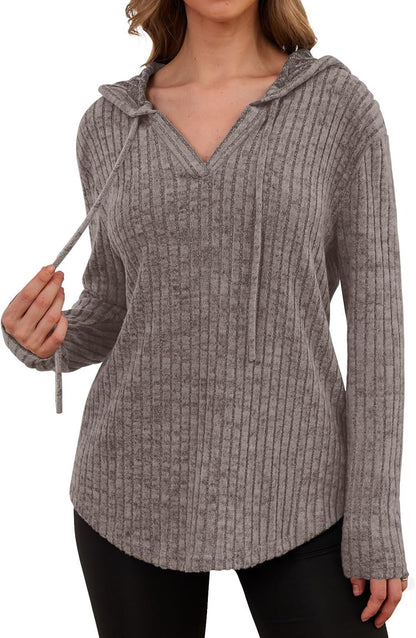 Lylinan Womens Cozy Knit Sweaters Hoodies Ribbed V Neck Pullover Sweatshirts for Fall Outfits S-XXL
