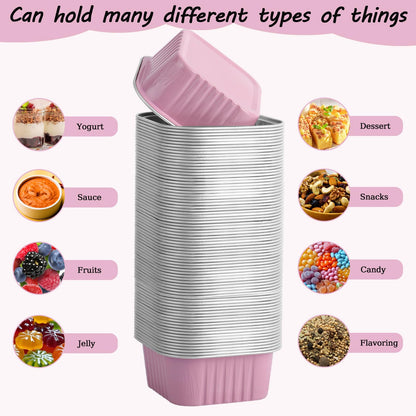 CXIIPOL 60 Pack Mini Square Cake Pans with lids and Spoons, 5 OZ Pink Disposable Ramekins Cake Pans, 3.5x3.5 Inch Aluminum Foil Baking Cups for Mother's Day, New Year, Anniversaries, Birthdays