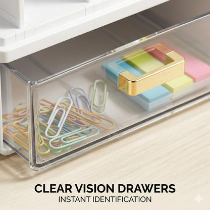 CiWiVOKi White Desk Organizer with 4 File Holder Slots, 2 Clear Drawers & Dual Pen Holders, Sturdy Multi-Functional Desktop Storage for Home Office, Mail Sorter & Caddy