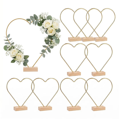 jojofuny 10 Sets Heart Shaped Floral Hoop Centerpiece with Wooden Stand, 9.8" x 10.6" Metal Wreath Rings, Gold Heart Wire Hoops for Wedding Table Decorations, DIY Dream Catcher Craft Kit