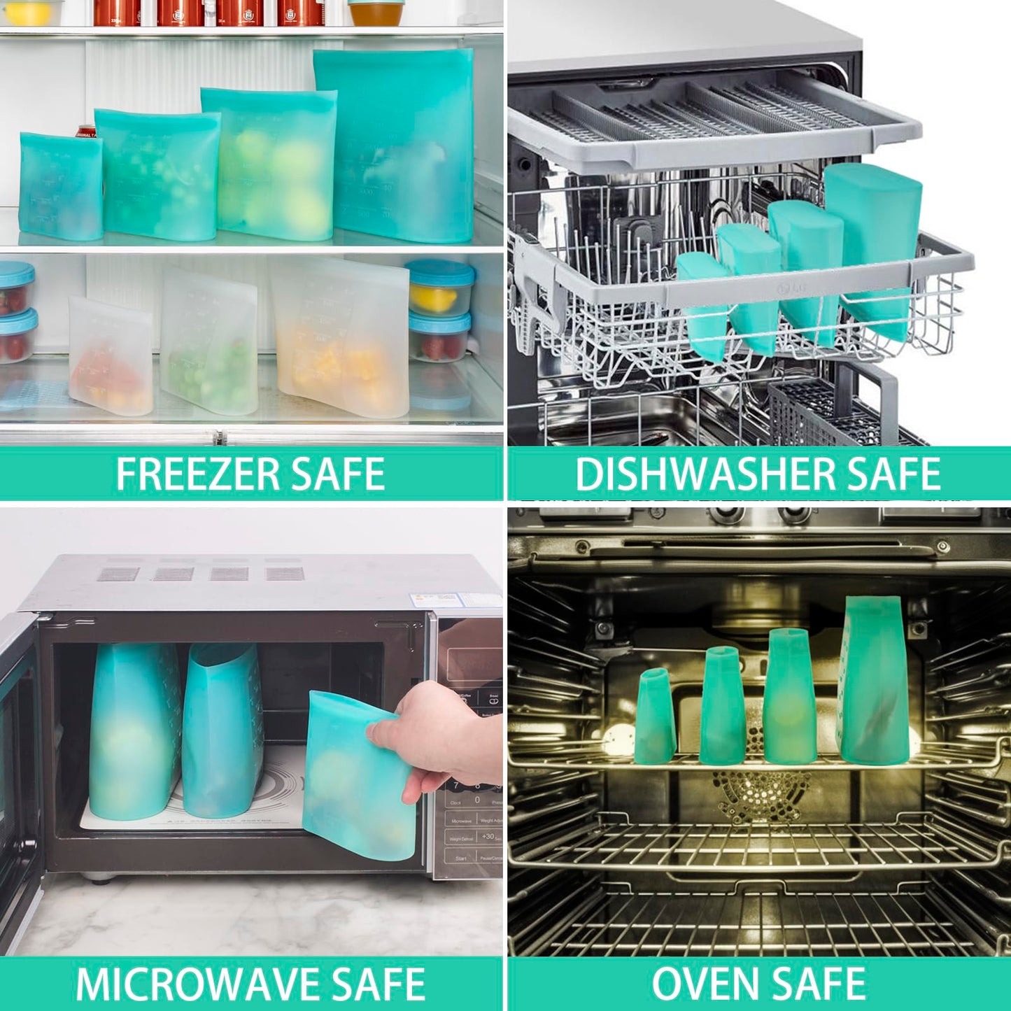 Reusable Food Bags, 12 Pack 100% Silicone Food Storage Bags Stand Up Zip Lock Container, Freezer Microwave Oven Dishwasher Safe, 4 Medium 4 Small 4 Extra Small, Aqua
