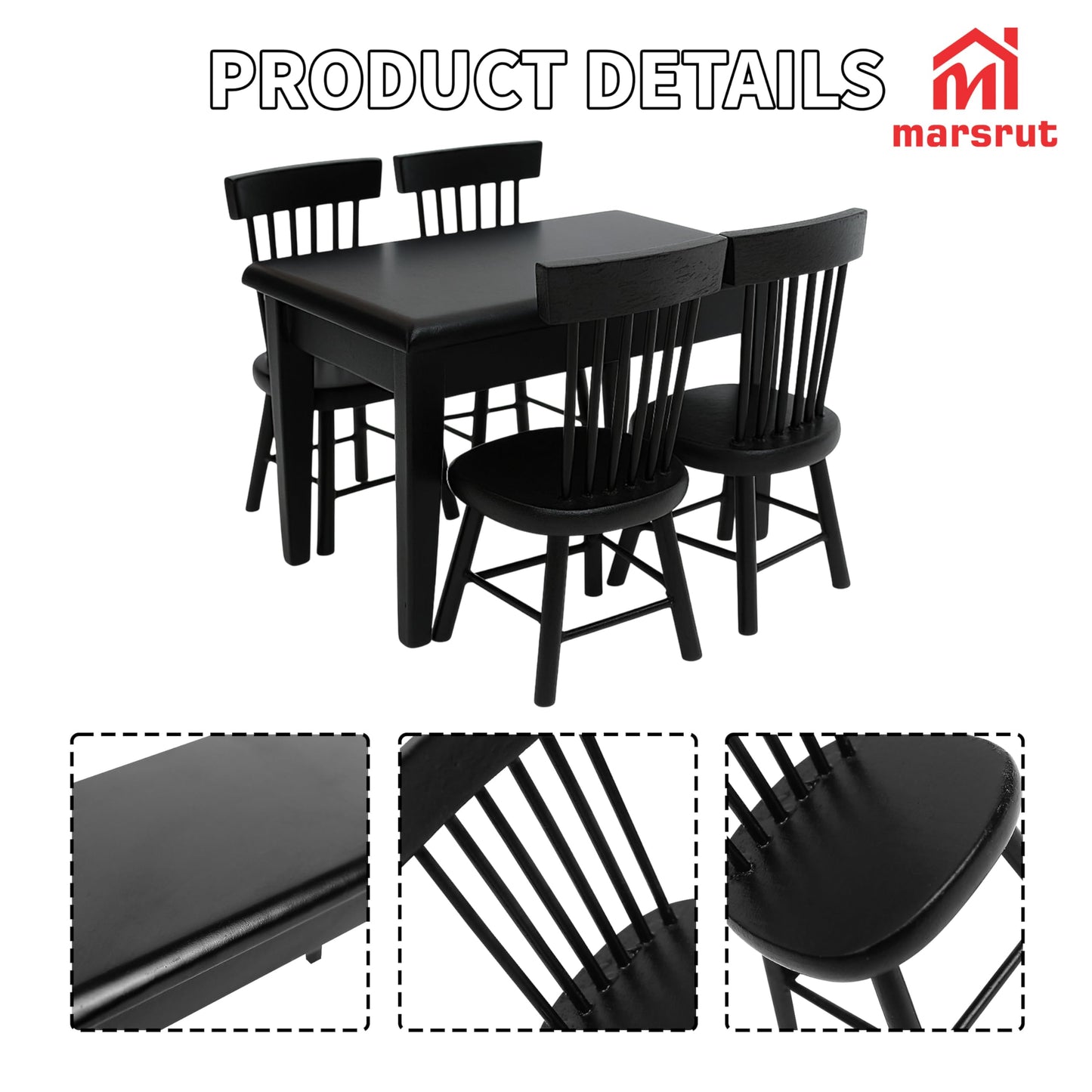 Miniature Dining Table and Chairs Set 5pcs – 1:12 Scale Dollhouse Room Furniture Kitchen Mini Wooden Chair Accessories, Model Accessory Decoration for Doll House DIY Hobby, Black