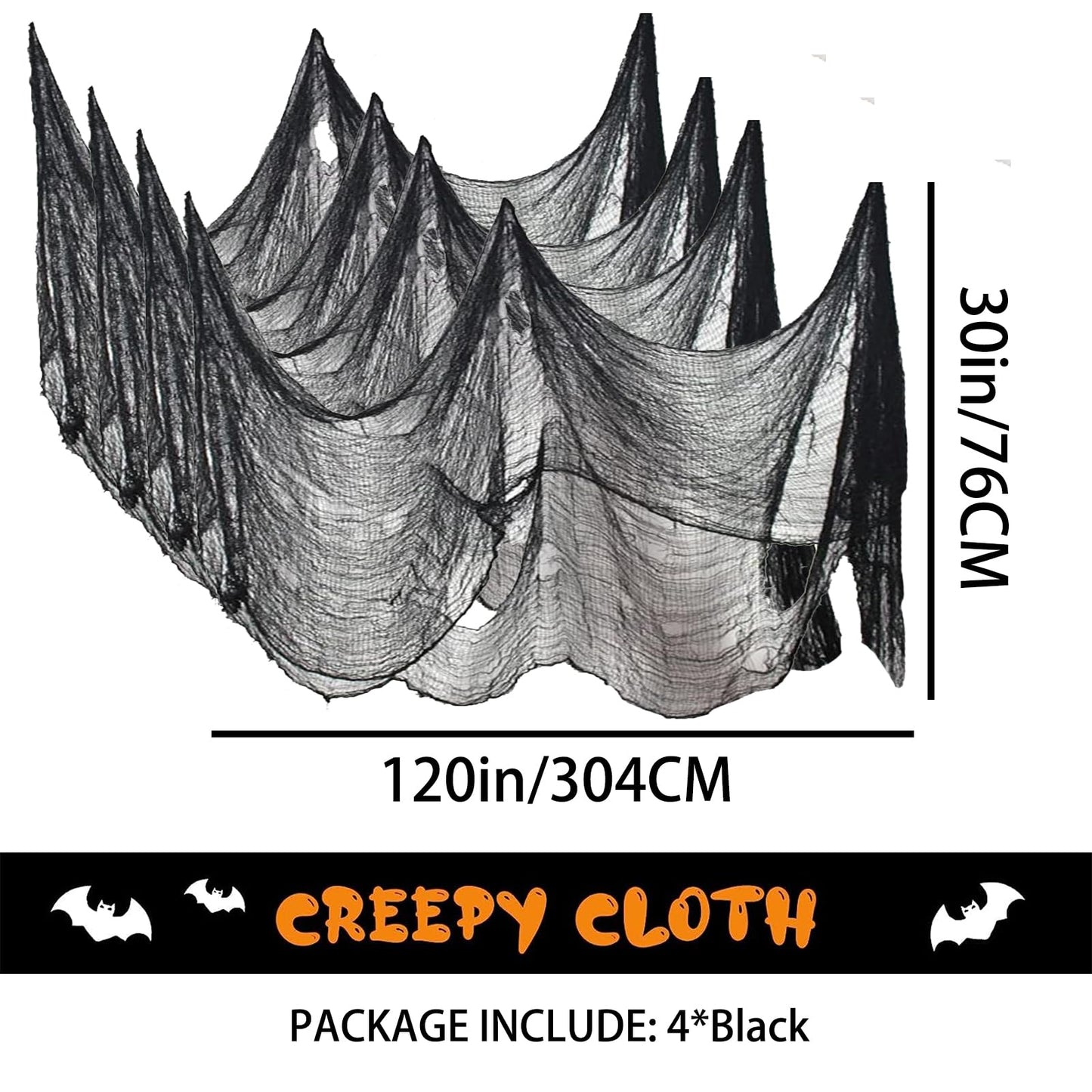 Kijamilee 4 Pack Halloween Creepy Cloths, Scary Spooky Cloth Creepy Gauze, 30 x 120inch Freaky Loose Weave Creepy Cloth, Decoration for Haunted Houses Props Halloween Wall Outdoor Indoor Decor (Black)