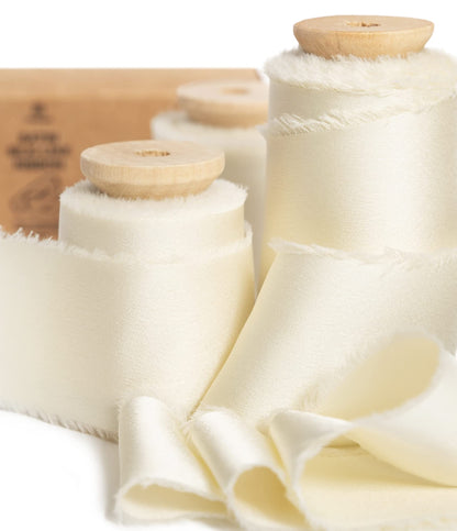 Vitalizart White Silk Satin Ribbon 1-1/2 inch x 15 Ivory Handmade Frayed Ribbons for Gift Wrapping Baby Shower Wedding Bridal Bouquets Holiday Decor Cream