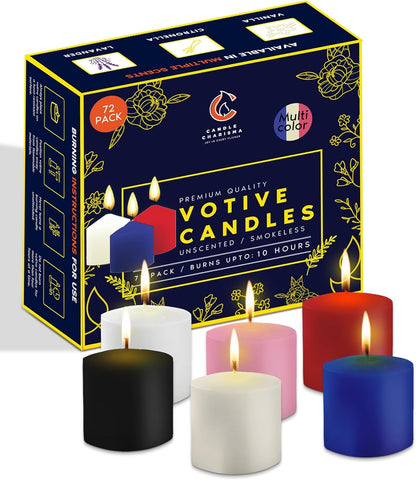 Candle Charisma Multicolor Unscented Votive Candles, Set of 72, 10 Hour Burn Time