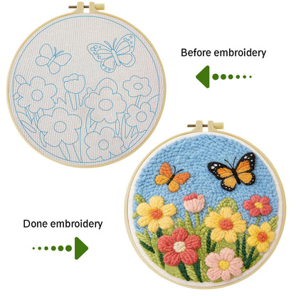 JOZYSH DIY Punch Needle Kits for Beginners Cute Cartoon Butterflies with Spring Flowers with Hoop Embroidery Punch Needle Starter Craft Set Easy for Adults Festival Gift and Decoration