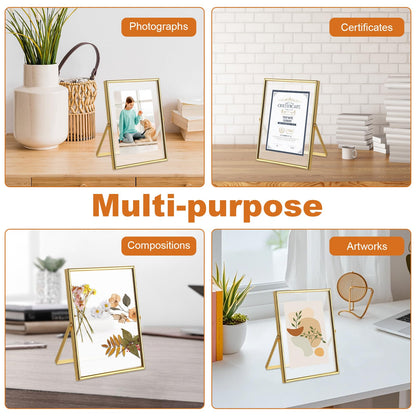 WOPPLXY 5 "x 7" Gold Floating Frames Set of 3, Pressed Glass Floating Frames, Vertical Adjustable Tabletop/Shelf Photo Frame, Gold Floating Picture Frame for 4 x 6,3 x 5 Photo Tabletop Display