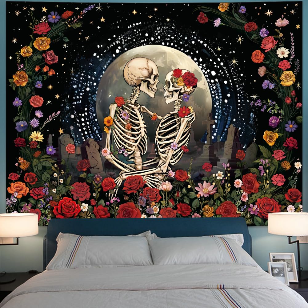 Serborlur Skeleton Lovers Tapestry Aesthetic Gothic Skull Tapestries Boho Romantic Flower Floral Wall Decor The Lovers Wall Hanging for Bedroom Living Room Dorm