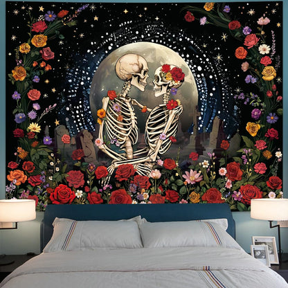 Serborlur Skeleton Lovers Tapestry Aesthetic Gothic Skull Tapestries Boho Romantic Flower Floral Wall Decor The Lovers Wall Hanging for Bedroom Living Room Dorm
