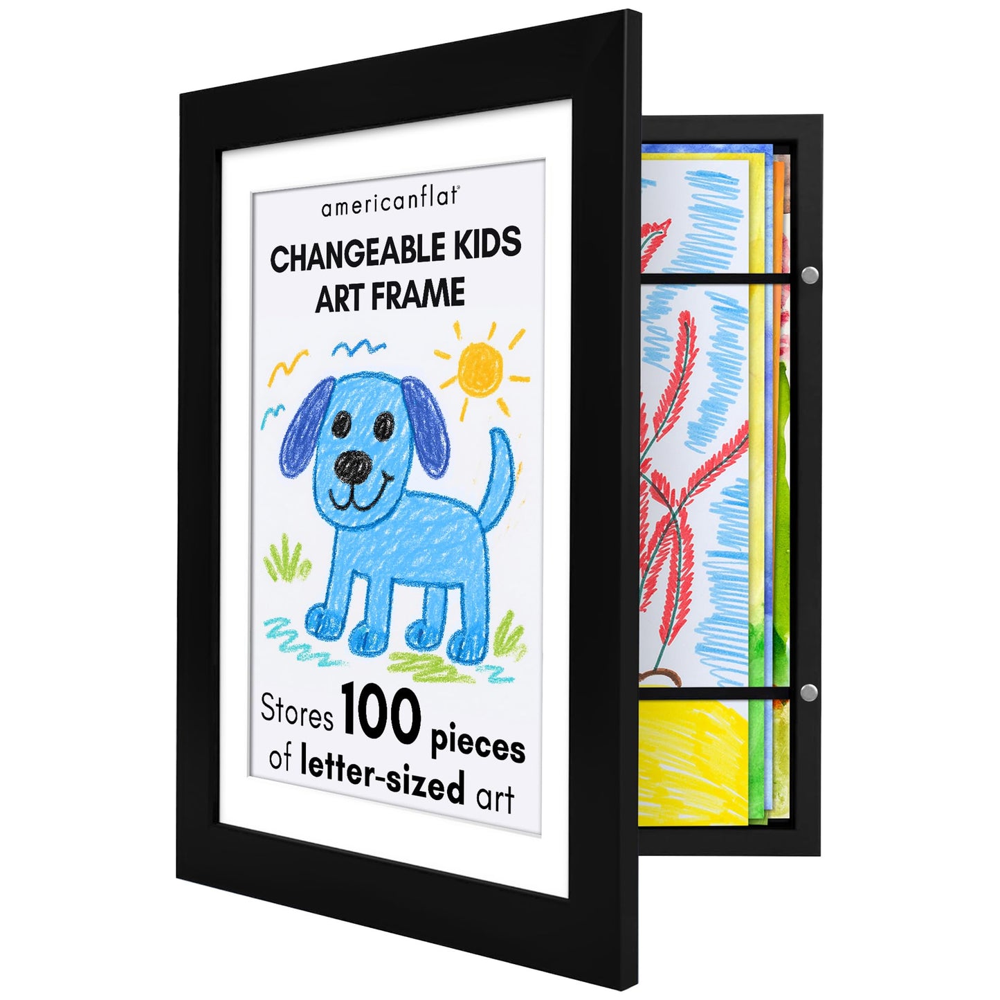 Americanflat Kids Artwork Frame Changeable (Black) - Magnetic Door Holds 100 Art Pieces - 8.5x11 Letter Size Display with Mat or 10x12.5 Without Mat - My Mini Masterpiece
