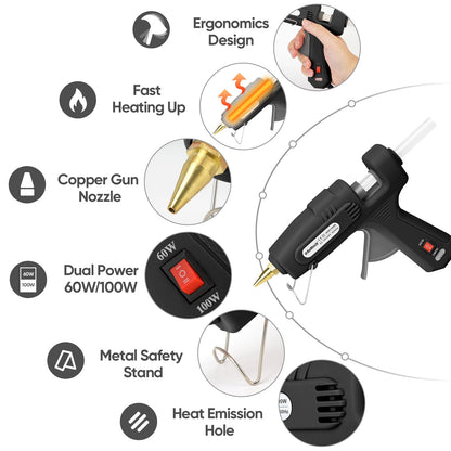 ROMECH Full Size Hot Glue Gun with 60/100W Dual Power and 21 Hot Glue Sticks (7/16"), Fast Preheating Heavy Duty Industrial Gluegun with Storage Case for Crafting, DIY and Repairs (Black)