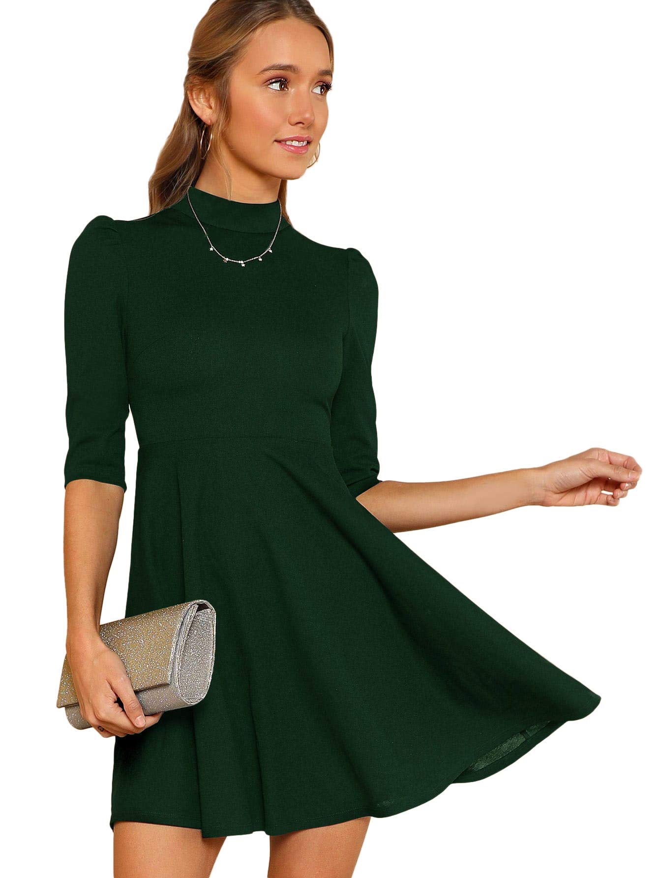 Floerns Women's Mock Neck Short Sleeve Flared A Line Cocktail Dress Green M