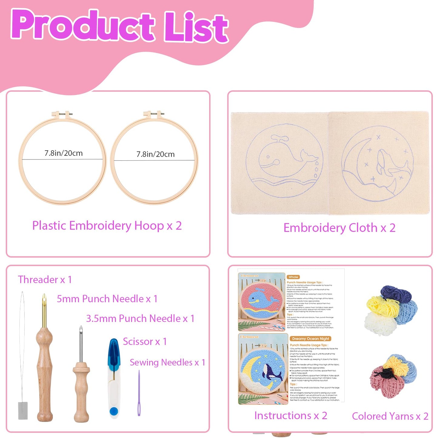 Cheloment 2 Sets Punch Needle Kits with 5mm/3.5mm Punch Needle,Fabric,Threader, Yarns and Hoops Embroidery Starter Kit for Adults Beginner, Perfect for DIY Craft and Decoration (Dolphin&Whale)