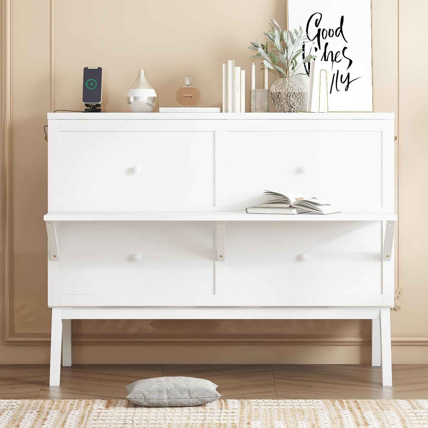 KEIKI Full Murphy Bed Cabinet with USB Ports & Shelves, Wall Bed with Desktop, Space-Saving Fold-Down Cabinet Bed with Storage for Guest Room, Home Office, Small Spaces, No Mattress, White