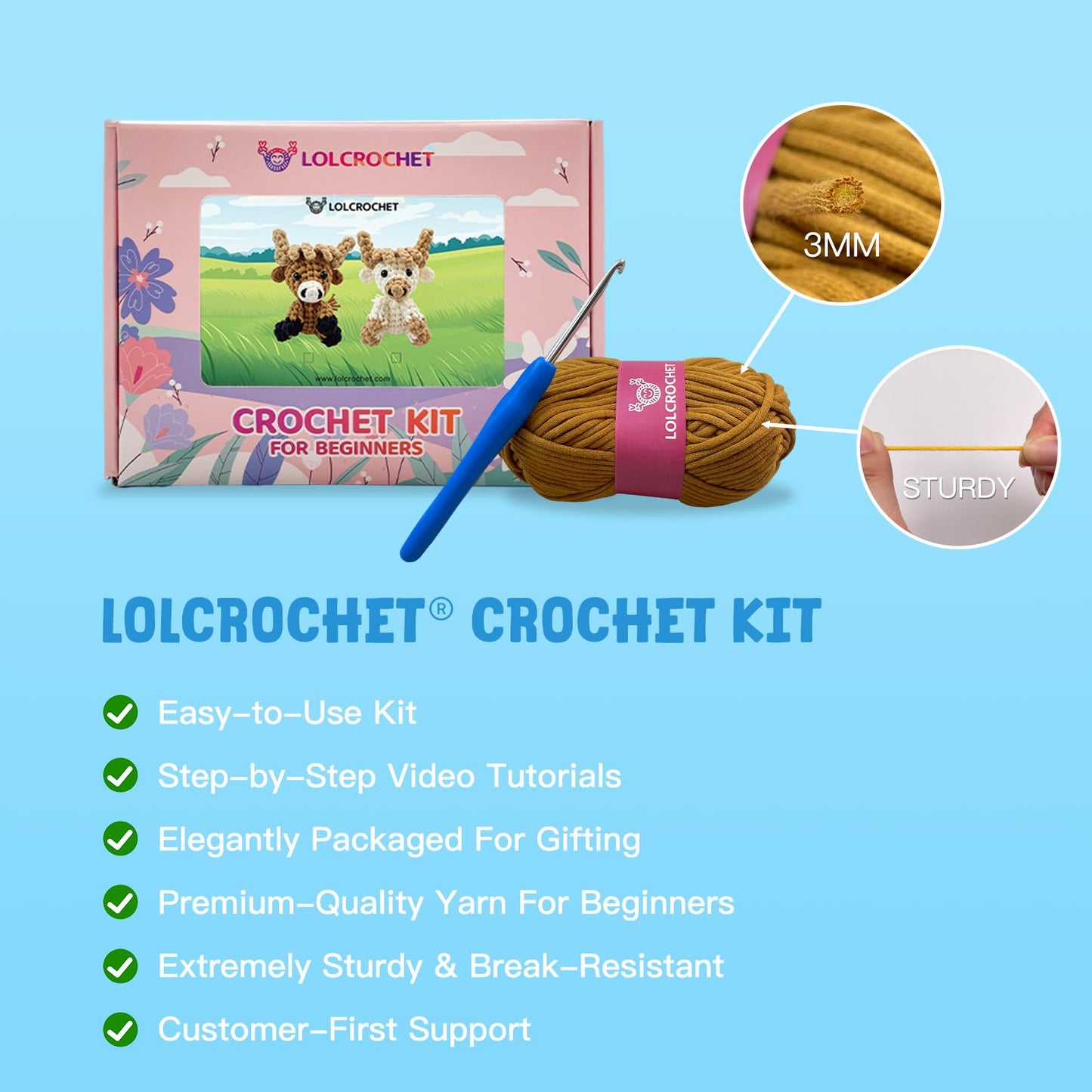 Elephant Crochet Kit for Beginners, Learn to Crochet Starter Set with Step-by-Step Video Tutorial & Crocheting Manual, Easy Yarn Knitting Project for Adult & Kid 12+, Stuffed Animal Doll for Xmas Gift