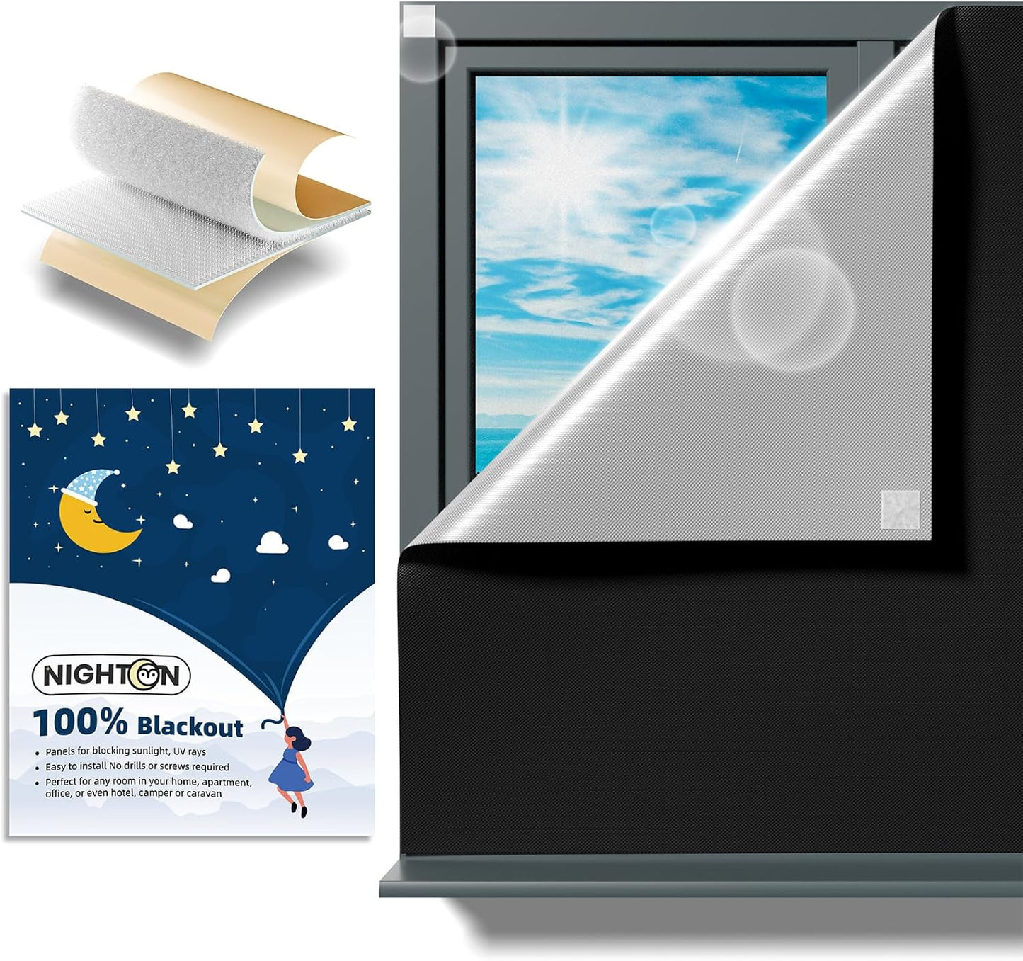 135"70", 100% NIGHTON Portable Blackout Curtains Strong Hook and Loop Tape Strips with Adhesive, Cuttable Blackout