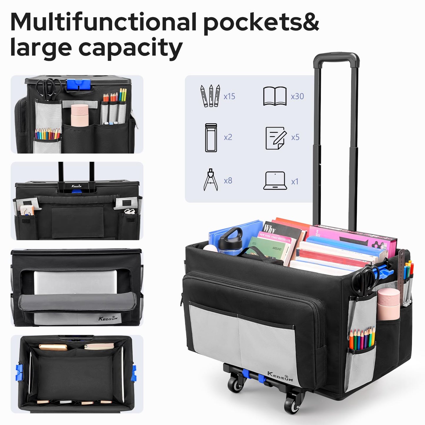 KEDSUM 2 in 1 Rolling Cart with Canvas Organizer Bag, 290LBS/70L Capacity Collapsible Teacher Rolling Cart with Lid for School, Craft, Office & Garden, Ideal for Teacher, Therapist & Crafter