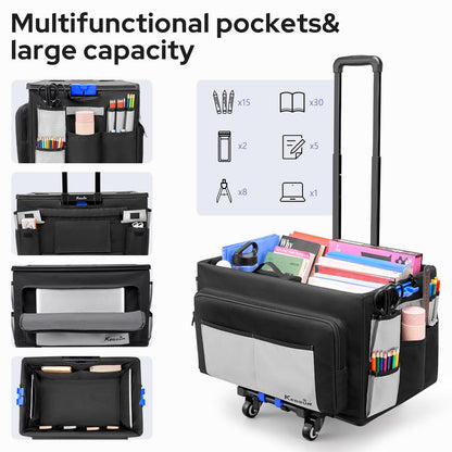 KEDSUM 2 in 1 Rolling Cart with Canvas Organizer Bag, 290LBS/70L Capacity Collapsible Teacher Rolling Cart with Lid for School, Craft, Office & Garden, Ideal for Teacher, Therapist & Crafter