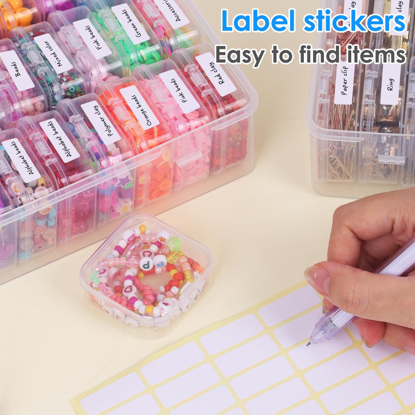 OUTUXED Bead Organizer Box, 72Pcs Small Clear Plastic Bead Storage, Mini Craft Storage Containers Boxes with Hinged Lid and Labels for Bracelets, Making DIY Jewelry Craft Nail, Screws, Seeds