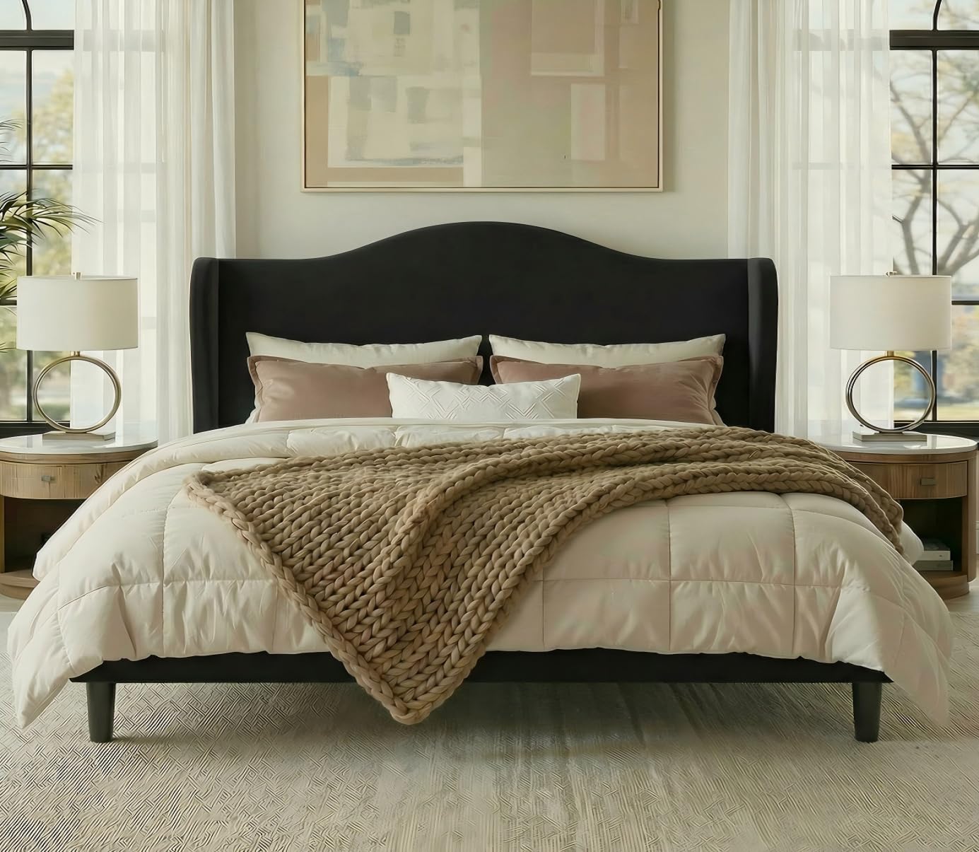 Allewie King Size Bed Frame, Upholstered Wingback Platform with 47" Tall Tufted Headboard, Plush Velvet Fabric, Modern Minimalist Design, No Box Spring Required, Tool-Free Assembly, Black
