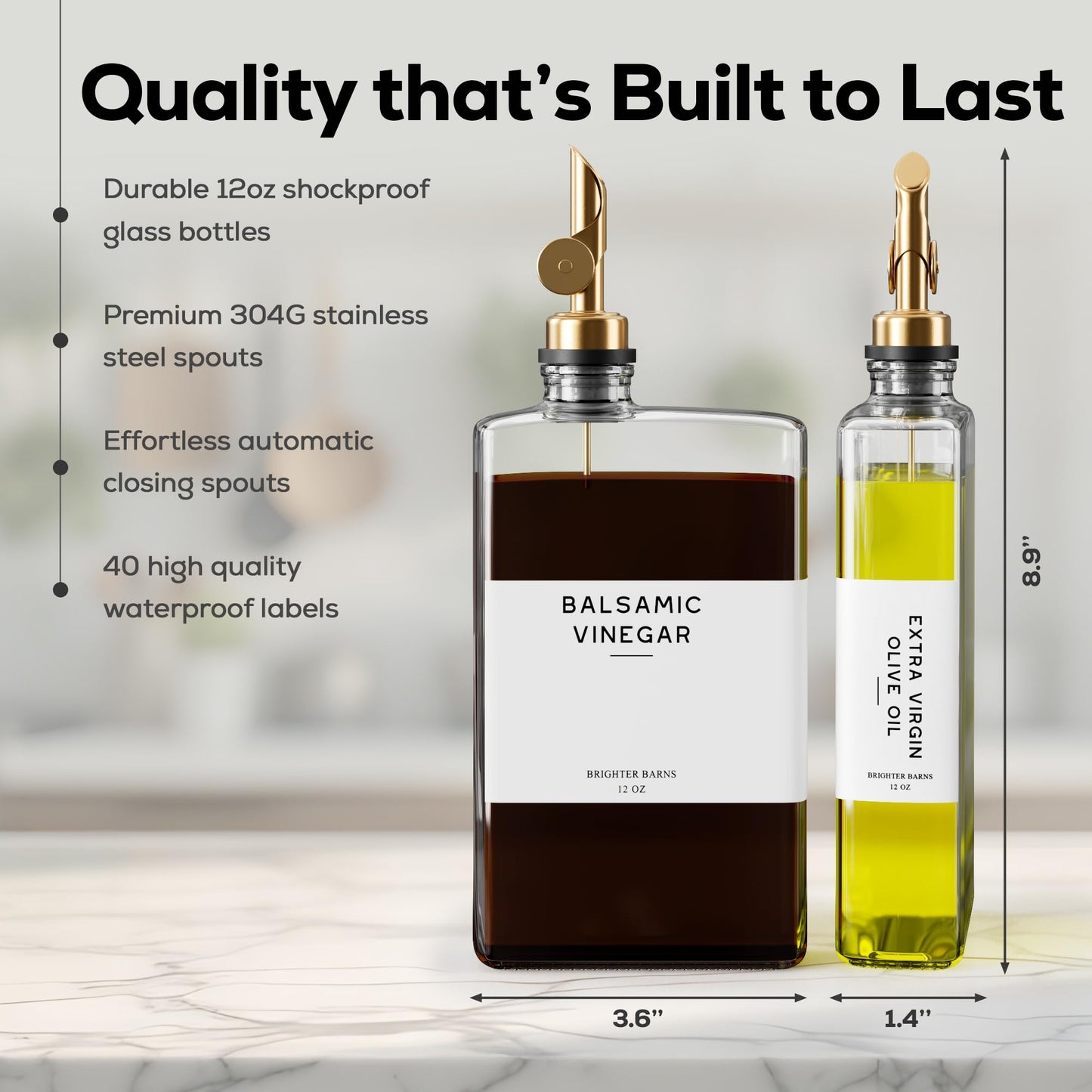 Glass Olive Oil Dispenser Bottle for Kitchen by Brighter Barns - Coffee Syrup Dispenser, Oil and Vinegar Bottle - Modern Kitchen Essentials for Restaurants, Coffee Bar, Airbnb (Clear/Gold, Set of 2)