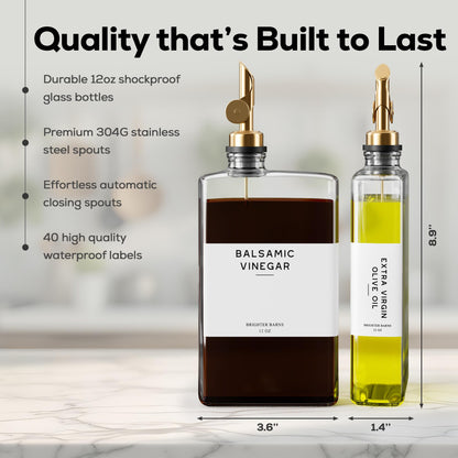 Glass Olive Oil Dispenser Bottle for Kitchen by Brighter Barns - Coffee Syrup Dispenser, Oil and Vinegar Bottle - Modern Kitchen Essentials for Restaurants, Coffee Bar, Airbnb (Clear/Gold, Set of 2)
