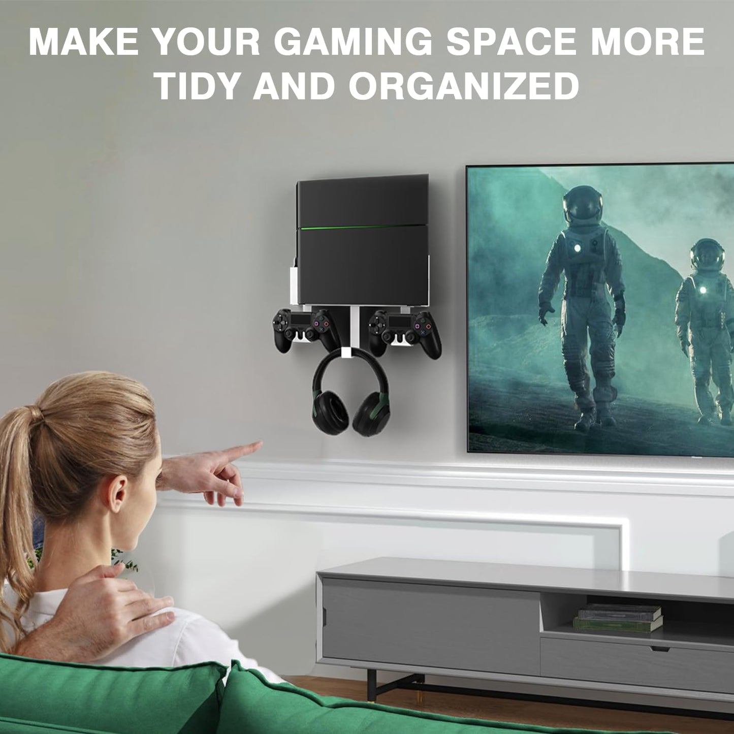Wall Mount Kit with Detachable 2 Controller Holder & Headphone Hanger, Mount On The Wall Or On The Back Of The TV, Wall Mount Compatible with PS4, White