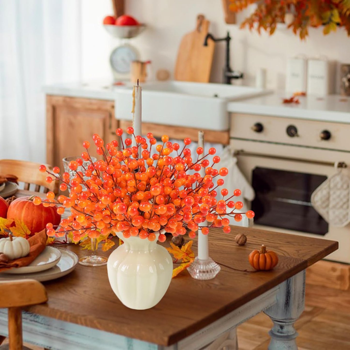 letesult 44PCS 8.6 Inch Artificial Fall Berry Stems Branches, Faux Orange Holly Fall Berry Picks and Sprays, Falls