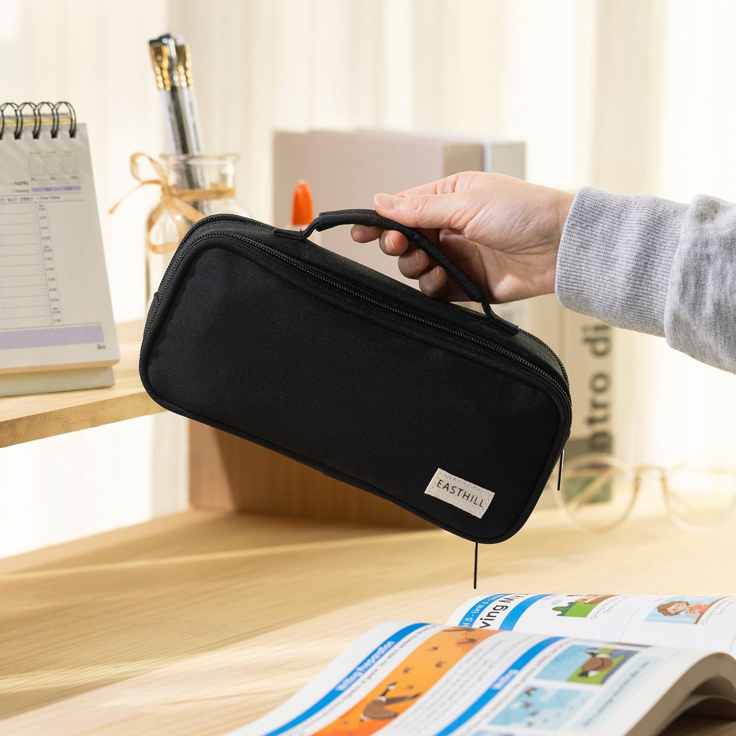 EASTHILL Large Capacity Pencil Case Pen Pouch Organizer Canvas Pencil Bag with Handle School Supplies for Teen Girls-Black