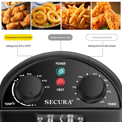 Secura 1700-Watt Stainless-Steel Triple Basket Electric Deep Fryer with Timer Free Extra Odor Filter, 4L/17-Cup, Red