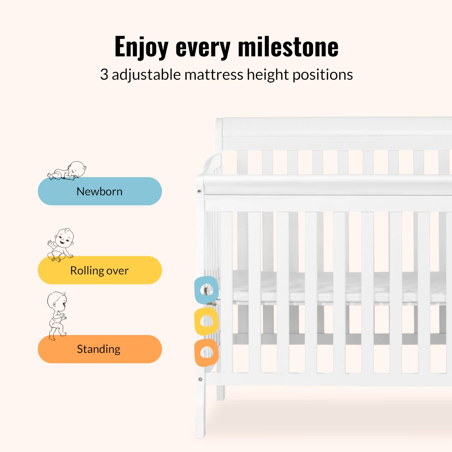 Dream On Me Jayden 4‑in‑1 Mini Convertible Baby Crib & Changer with Storage in White, Pinewood, GreenGuard Gold & BSA, 1” Mattress Pad, 3 Mattress Heights, Converts to Mini Day & Twin-Size Bed