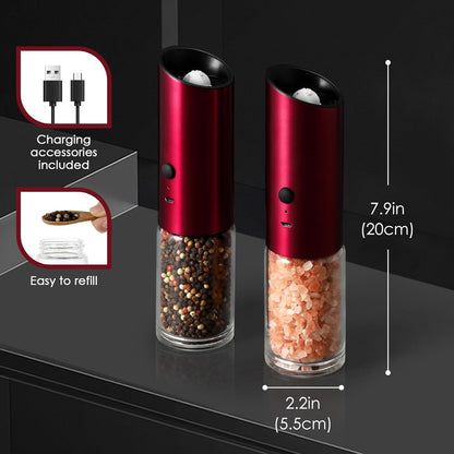 Vzaahu Gravity Electric Pepper and Salt Grinder Set of 2 - Rechargeable, Adjustable Coarseness, Stainless Steel with