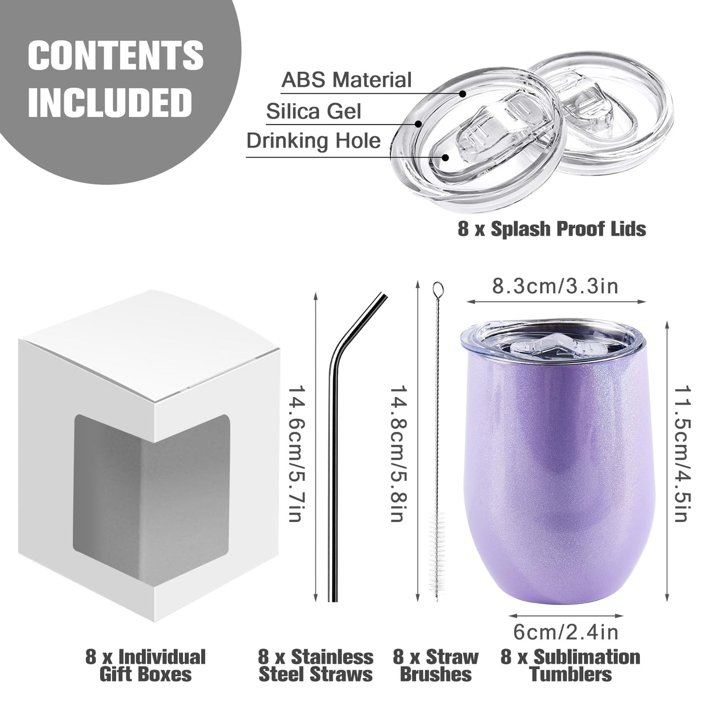 BetterSub 8 Pack 12oz Glitter Purple Wine Tumblers - Double Wall Insulated Sublimation Blanks, Stainless Steel Cups With Lid, Glitte,Metal Straw, Brush, Display Box (Glitter Purple)