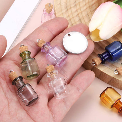 HARFINGTON 20 Pcs Mini Glass Bottles Jars, Square Small Cute Glass Jars Vials Pendants Small Vials Wishing Bottle with Cork Stoppers and Eye Screws for DIY Crafts Wedding Favors, Green