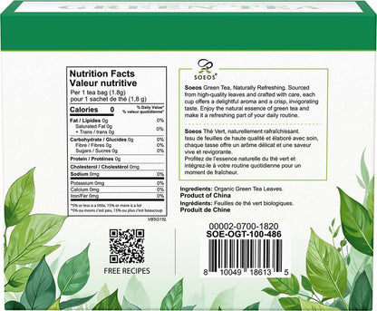 Soeos Organic Green Tea, 100 Tea Bags (Pack of 1), Caffeinated, Low Caffeine, Fresh and Healthy Green Tea, 6.3 Ounce