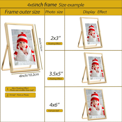 FineLiMoLa Gold 4x6 Floating Frame 2pack for Photo Sizes(2x3'',3.5x5''),Adjustable Tabletop/Shelf floating Photo Frame,Classy Metal Gift Frames for Wedding,Christmas,Birthady,Home or Office Decor.