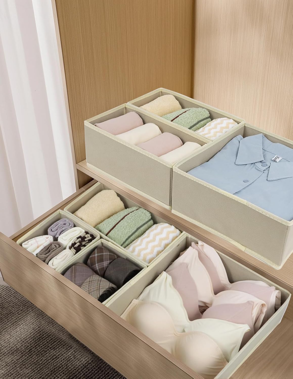 12 Pack Closet Clothing,Socks,Bra,Towels,Ties(12 Pack,Beige) Fordonral Drawer Organizer Clothes, Foldable Fabric