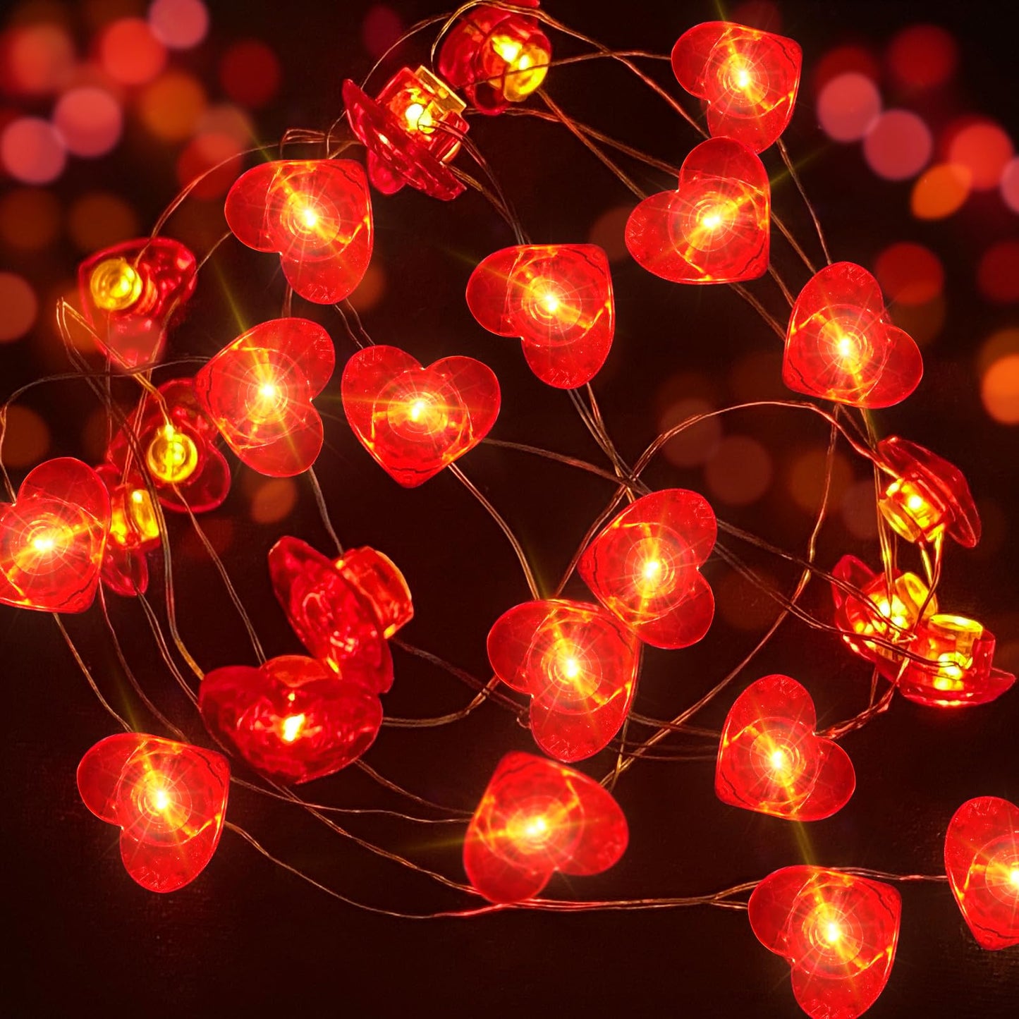 Aogist 50LED Valentine's Day Fairy Lights -16ft Super Bright 3D Red Heart String Light Battery Operated Mather's Day Gift Decor for Indoor/Outdoor Party Home Yard Tree Decor,1 Pack