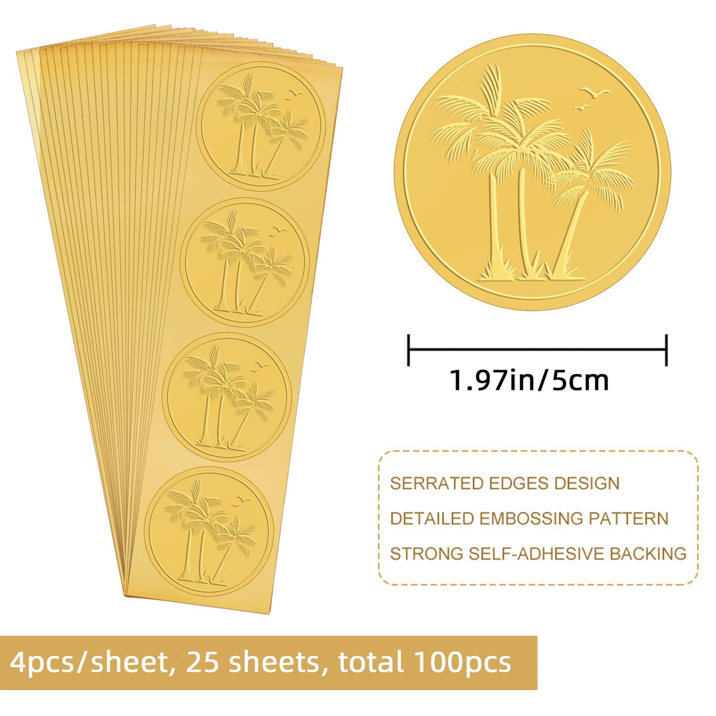 CRASPIRE Palm Coconut Tree Stickers 2" Gold Envelope Seals 100pcs Summer Sea Seagull Beach Embossed Foil Seals Adhesive Seal Stickers Label for Wedding Invitations Card Making Gift Packaging