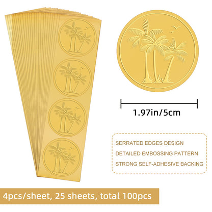 CRASPIRE Palm Coconut Tree Stickers 2" Gold Envelope Seals 100pcs Summer Sea Seagull Beach Embossed Foil Seals Adhesive Seal Stickers Label for Wedding Invitations Card Making Gift Packaging