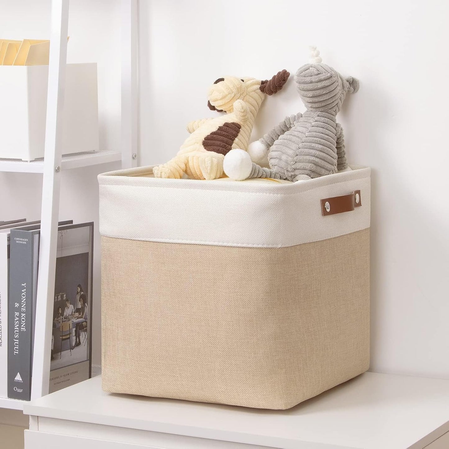 DULLEMELO Cube Storage Bin 13x13, Collapsible Fabric Storage Cube for Organizing Toys, Clothes, Nursery, White & Khaki.