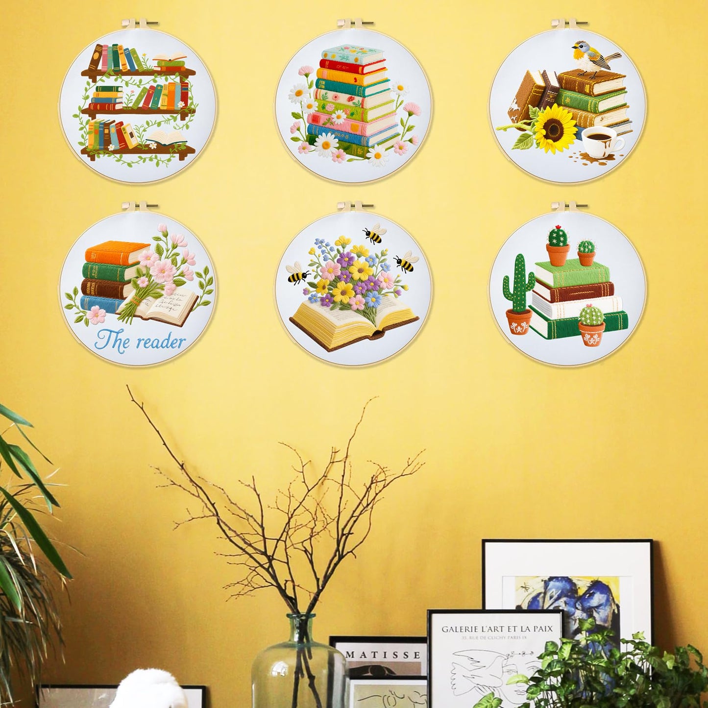 INFUNLY 6 PCS Book and Flower Embroidery Kits for Beginners DIY Cross Stitch Starter Sets for Adults with Instructions Book Cacti Pattern Birds Needlepoint Kits with Embroidery Cloth Hoops Tools