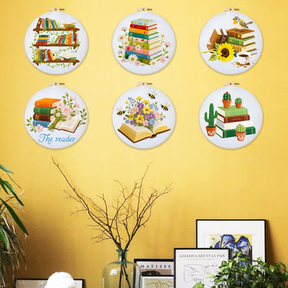 INFUNLY 6 PCS Book and Flower Embroidery Kits for Beginners DIY Cross Stitch Starter Sets for Adults with Instructions Book Cacti Pattern Birds Needlepoint Kits with Embroidery Cloth Hoops Tools