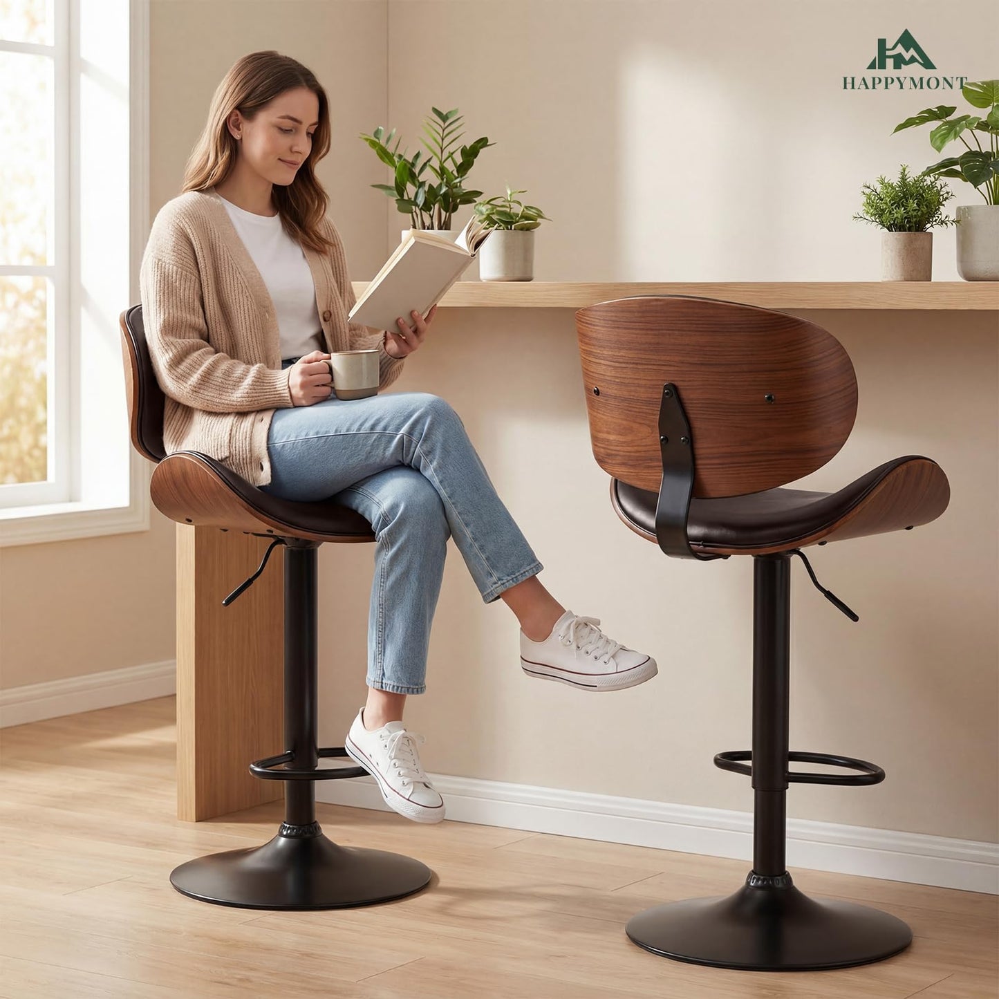 HAPPYMONT Swivel Bar Stools Set of 2, Adjustable Height 37-45 Inch Bentwood Barstools with Removable Back, PU Leather Upholstered Bar Chair for Kitchen Island Dining Room, Brown
