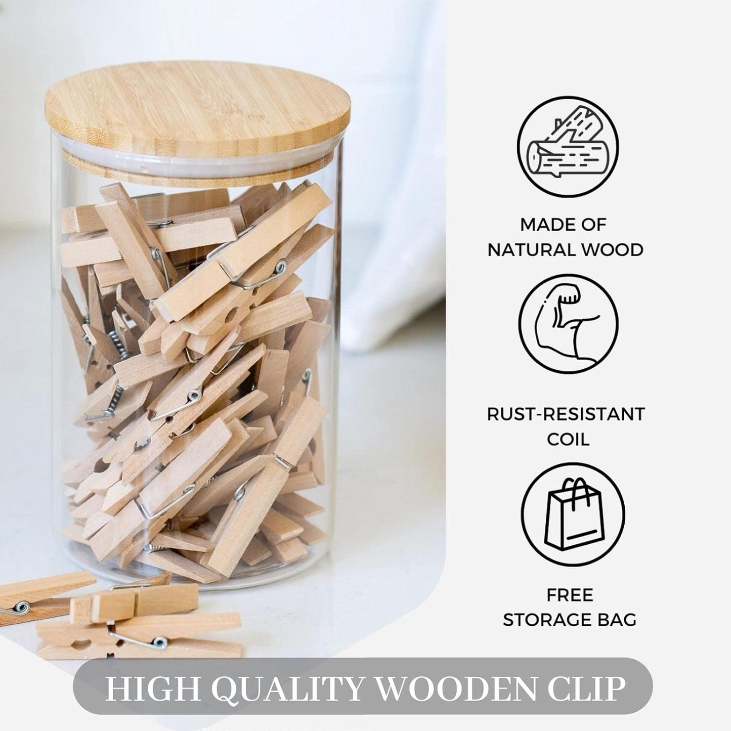 Clothes Pins, 50 Pack, 2.9 in Natural Birchwood, Rust and Moisture Resistant Clothespins with Storage Bag for Hanging