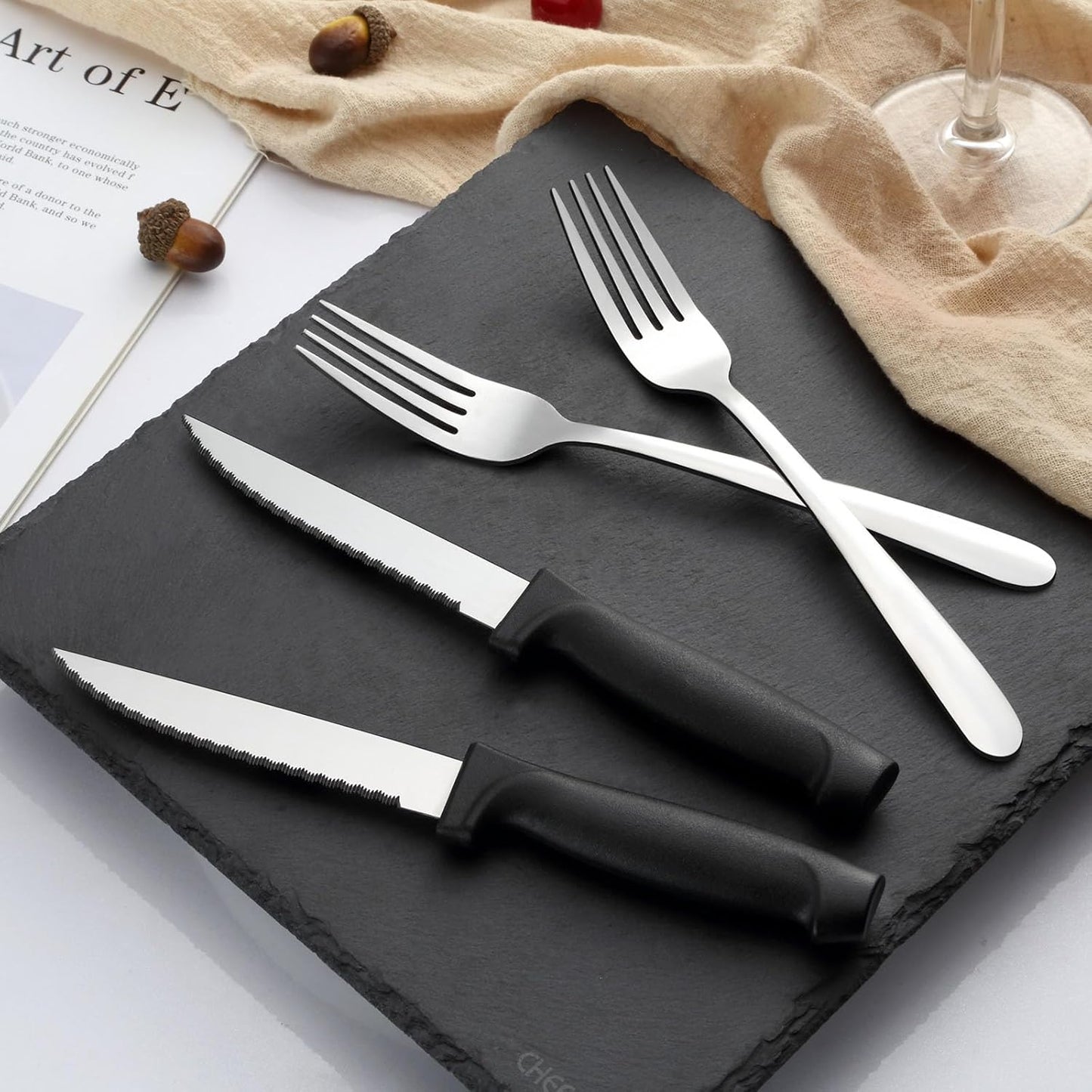 Pleafind 16-Pcs Steak Knives Set, 8.5 Inch Serrated Stainless Steel Knives, Elegant Black for Home, Kitchen, Restaurant