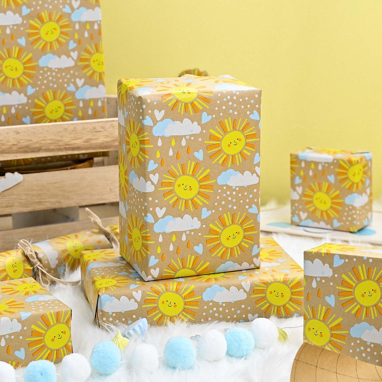 MAYPLUSS Kraft Baby Shower Wrapping Paper, Recyclable Sunshine, Cloud & Heart Design Baby Gift Wrap Paper for Children Birthday, Party, Holiday, Cute Wrapping Paper Mini Roll (17 Inch X 33 Feet)