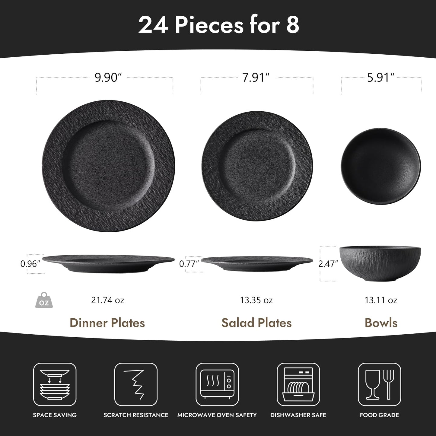 KINGSTONE Black Dinnerware Sets, 24-Piece Matte Marble Pattern Premium Porcelain, Place Setting with Dinner Plate, Salad Plate, Pasta Bowl, Microwave and Dishwasher Safe