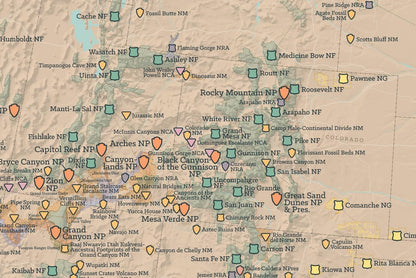 US National Parks, Monuments & Forests Map Poster 24x36 (Tan & Slate Blue)